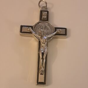 St Benedict Crucifex with Silver Tone Metal and Back Enamel Inlays Pendant.